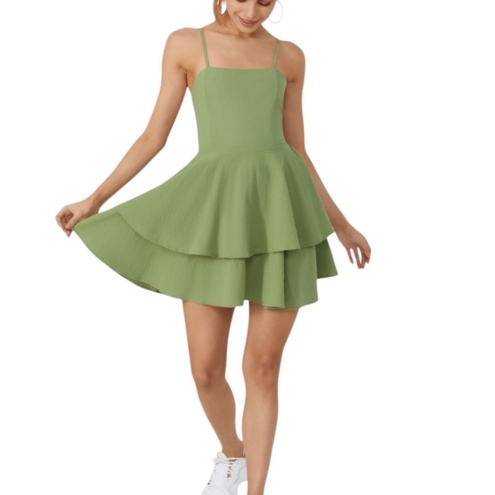 Halara Backless Adjustable Straps Green Sleeveless Tiered Dress‎